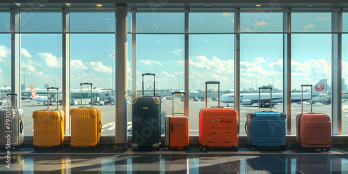 Suitcases in airport departure lounge, illustrating the anticipation and excitement of travel.