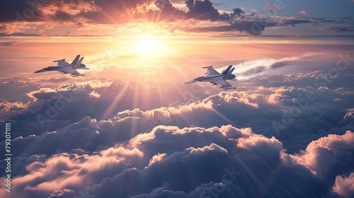 A pair of supersonic fighter jets flies above the clouds. Sky's guardians soar high.