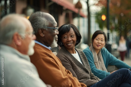 Group of senior people sitting on a bench in the street and talking