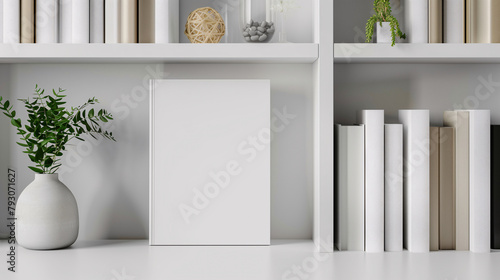 Mock-up of a book with blank white cover placed on a bookshelf with book and plant vase decorations. New modern minimal book in front view.