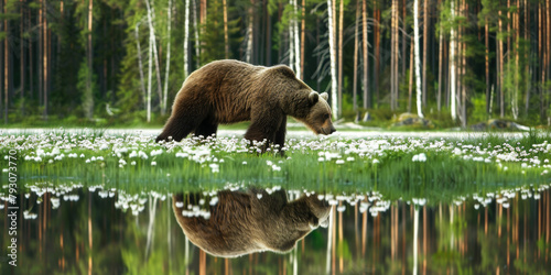 ours brun marchant au bord d'une rivière en lisière de forêt