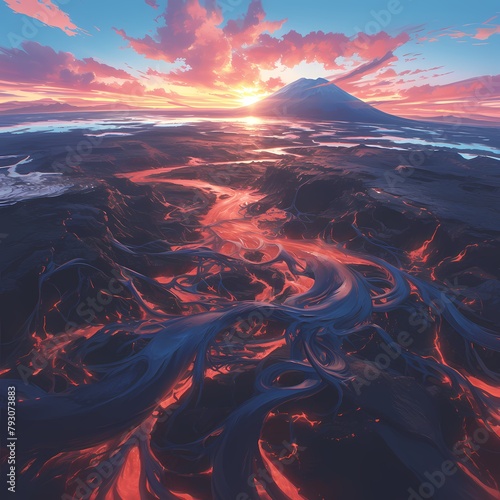 Majestic Scenic Sunrise in a Fjord with Braided Rivers Surrounding a Volcano