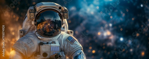 Astronaut suit reflecting dazzling cosmos