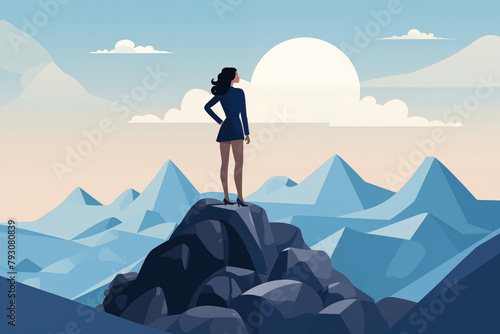 Business graphic vector modern style illustration of a business person on a mountain top representing conquering achievement progression overcoming hitting new goals or targets