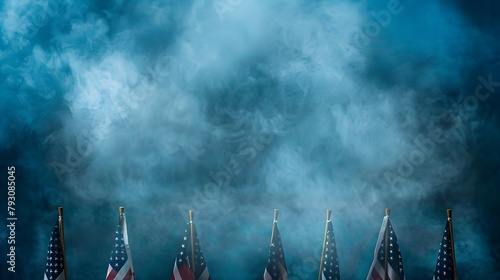 Happy Veterans Day background, American flags against a blue fog background, November 11, American flag Memorial Day, 4th of July, Labour Day, Independence Day. Ai generated 