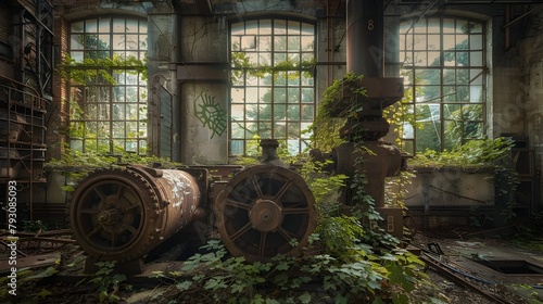 Abandoned Industrial Machinery Overtaken by Nature in Moody Vintage Style Photography