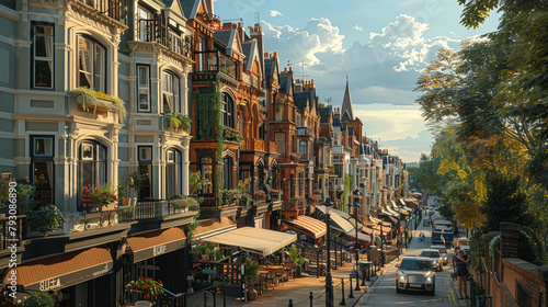 A row of terraced townhouses overlooking a bustling city street, with cafes spilling onto the sidewalks.