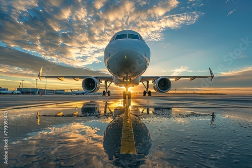 An airplane aligns on the runway during a spectacular sunrise.