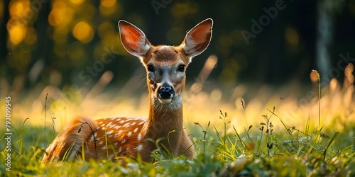 Curious and graceful young deer resting peacefully in an autumnal forest meadow with vibrant fall foliage and a serene atmosphere