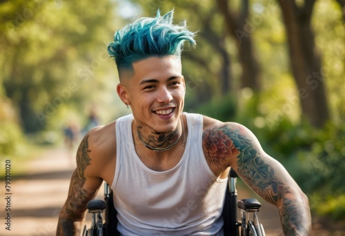 A man with vibrant blue hair and tattoos smiles widely, embodying a spirit of freedom and self-expression. His bold look against the sunny backdrop reflects his individuality and the joy of living