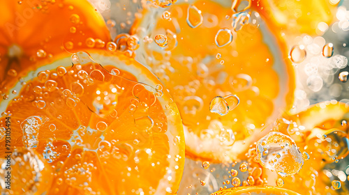Tranche d'orange fraiche dans l'eau avec des bulles