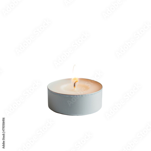 A tealight candle made of paraffin wax stands alone against a transparent background