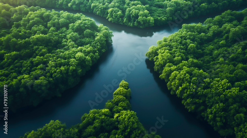 Aerial view landscape of a river winding through a dense forest. Showing the perfection of nature.