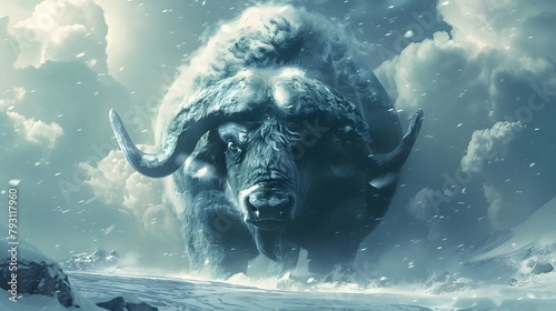 Imagination, nature, wildlife, closeup, giant buffalo standing in front of a frozen snow field.