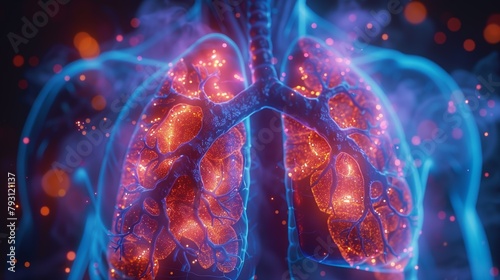 Human lungs with bright lesions of viruses and cancer, anatomy of the body Respiratory System Lungs