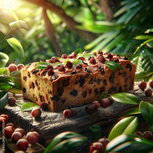 b'Close-up of a delicious fruitcake on a wooden table in the forest'