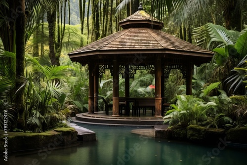 b'Gazebo in a lush tropical garden with a reflecting pool'