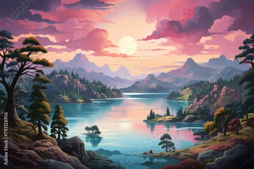 b'Tranquil mountain lake at sunset'