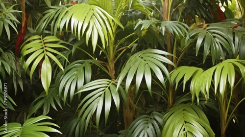 b'A lush green palm tree leaf background'