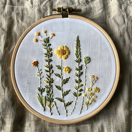 satin stitch embroidery in a round hoop, floral motifs, blue pink and yellow flowers