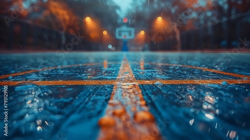 An empty outdoor basketball court soaked with rain, sports background