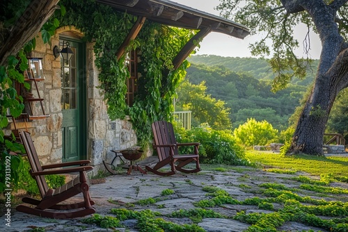 A warm, sunny day caresses a house lovingly wrapped in green vines, with welcoming chairs
