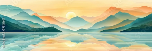 Pointillist Landscape with Mountains and a Light Blue Lake for Modern Wallpaper
