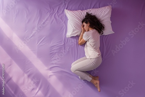 Overhead view of woman sleeping in fetal position on purple bed