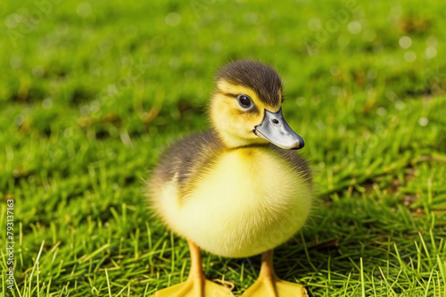  little duckling springtime, in the green grass domestic animal