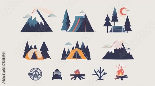  inspired by minimalist camping gear illustrations. Utilize geometric shapes like tents campfires and silhouettes of trees for a brand that caters to outdoor adventure travel