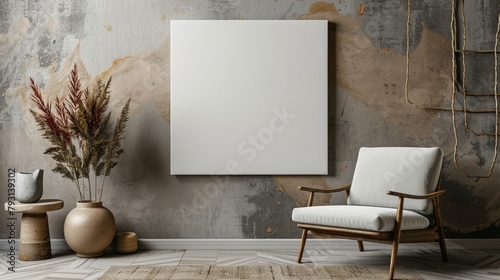 A white framed picture hangs on a wall in a room with a wooden chair and a vase. The room has a rustic, earthy feel with a mix of modern and traditional elements
