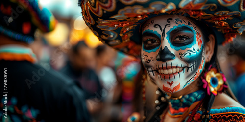 A smiling woman with a catrina make-up and a hat