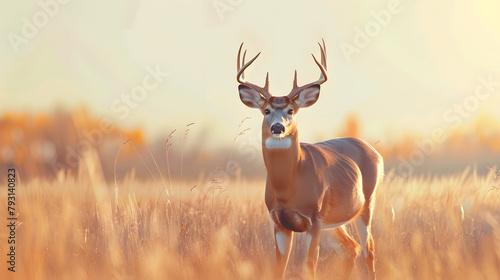 majestic deer with impressive antlers standing under natural light, looking at the camera, wildlife animal whitetail buck