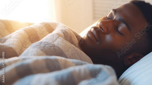 African-American man sleeps under warm plaid on soft bed at home closeup. Handsome black guy dreams lying on pillows in cozy bedroom. Young man naps comfortably in semi dark hotel room