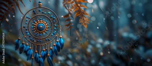 dreamcatcher decoration with blue beads is hanging outside in the rain in the autumn forest. 