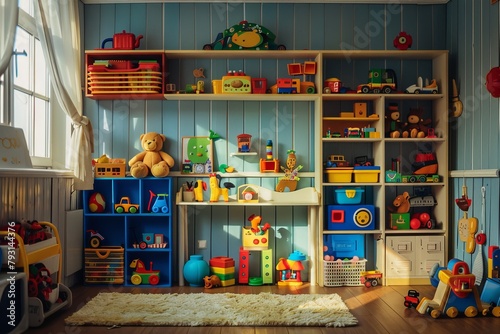Inviting childrens playroom studio featuring classic toys as colorful and charming backdrop