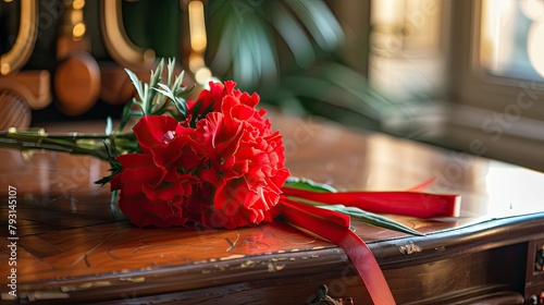 A vibrant red carnation tied with a matching ribbon adorns the desk