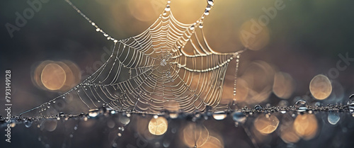 The spider web with dew drops. Abstract background
