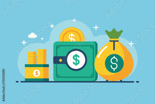 A bag of money sits next to a pile of gold coins in a simple and minimal setting, Dollar coin safe and money bag, Simple and minimalist flat Vector Illustration