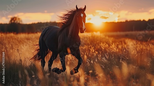 A dark brown horse is running in a grassy field during the sunset.