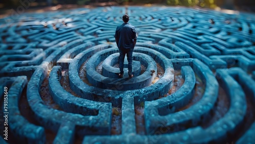 The Problem of Decision-Making Symbolized by a Man in Front of a Maze. Concept Self-Discovery, Confusion, Decision-Making, Obstacles, Transformation