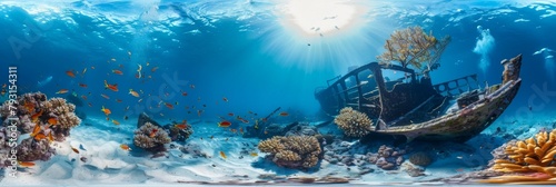 Vibrant Coral Reef in a Degrees Underwater Panorama A Diverse Marine Life Sanctuary with a Lone Shipwreck