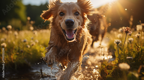 happy golden retriever dog running through a puddle of water in a field of wildflowers.