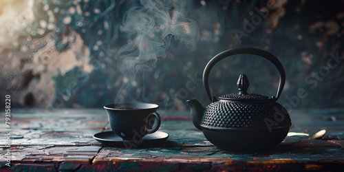 Vintage style dark tea ceremony with iron teapot and mug.