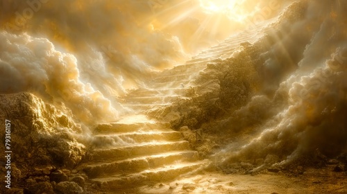 Sunlight pours through clouds onto mystical stone steps surrounded by swirling mist, suggesting a heavenly ascent