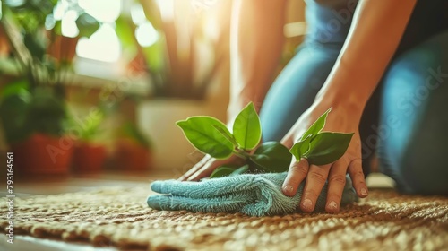  A woman cleans a rug with a blue rag, a green plant situated in its center on the floor