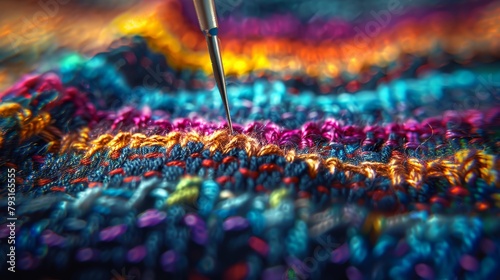  A tight shot of a crochet stitch featuring a crochet hook in its center