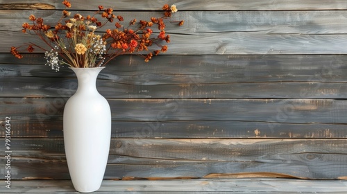  A white vase, brimming with numerous flowers, sits atop a weathered wooden table Behind it, a wood-paneled wall stretches vertically