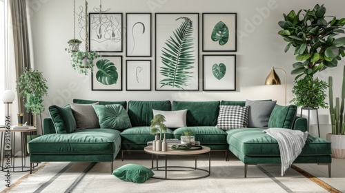 A living room with a green couch and a green coffee table. The couch is covered in pillows and there are several potted plants in the room. The room has a modern and cozy feel to it