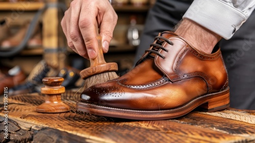  A person closely holds a shoe brush above a wooden base, adjacent to a shoe shiner